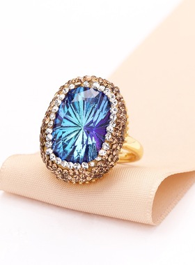 新款千禧切蓝耀水晶戒指高品质中古vintage小众首饰开口戒指