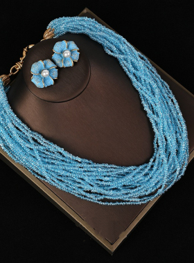 复古中古风蓝色琉璃串珠多层叠戴多巴胺项链花朵样式耳钉套装