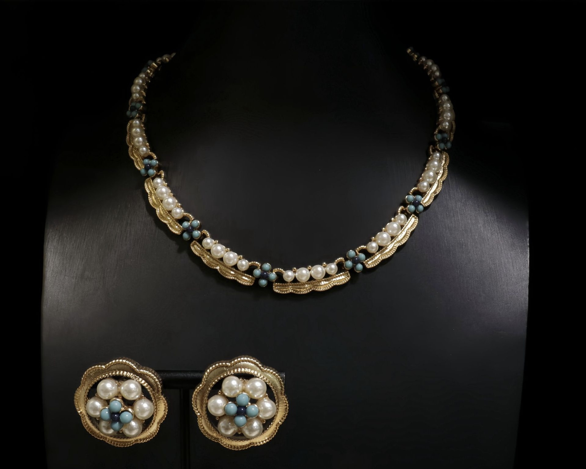 法式复古镶珍珠豆荚蓝松项链套装优雅气质小众设计花朵耳钉