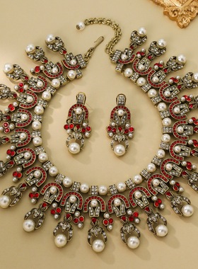 珍珠流苏耳饰批发 Vintage中古风套装 耳环项链