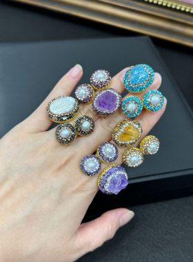 中古风天然紫水晶宝石戒指三头戒指小众气质开口复古高级感指环女