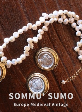 18K电镀真金钻石大力神古币项链 人像古董吊坠镶嵌巴洛克珍珠耳环