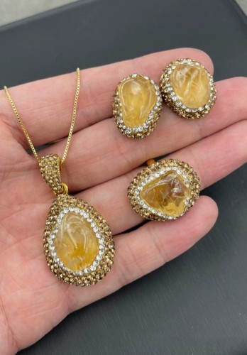 法式小众黄色天然原矿黄水晶中古三件套套装项链耳环戒指