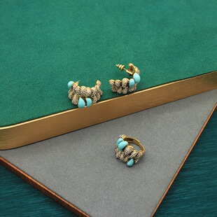 中古首饰套装蓝色珐琅C字雕刻耳环可调节戒指重工蜜镶首饰套装