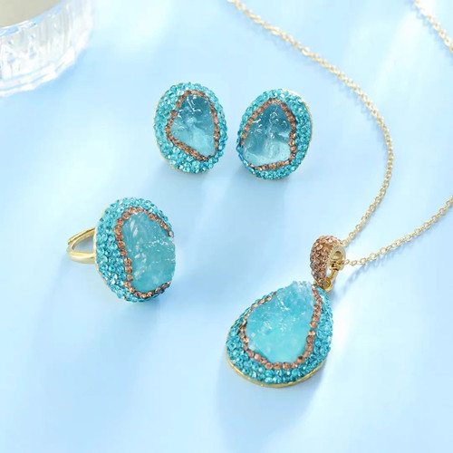 天然宝石海蓝宝原石套装时尚个性轻奢风捷克钻首饰三件套耳钉款