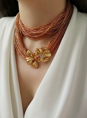 vintage中古饰品老奶奶扭扭链多层小米珠毛衣链花朵级感长款项链