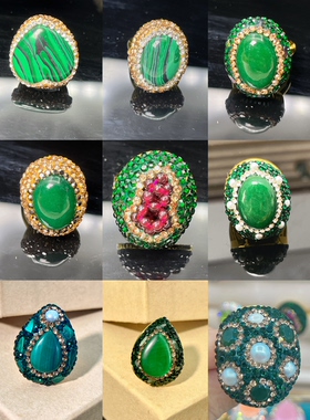 新款绿色系红色玉石开口戒指轻奢小众设计感高级感女跨境热卖饰品