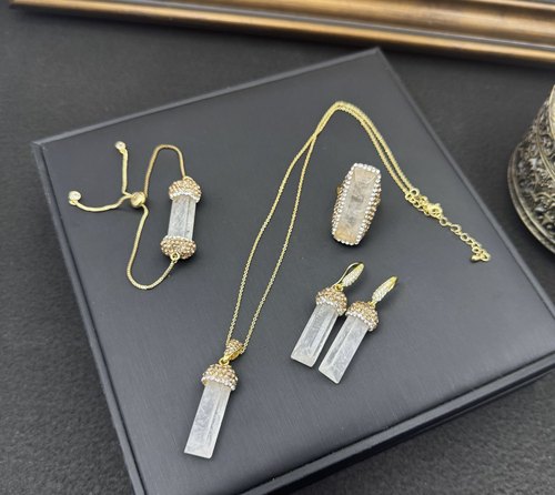 新款天然白水晶原石项链戒指耳环手链套装女时尚百搭饰品礼物