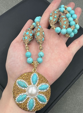 新款松石民族风镶嵌巴洛克珍珠毛衣链原创设计个性项链