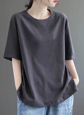 新款纯棉短袖t恤女夏季深灰色抗皱保型宽松休闲落肩袖圆领上衣