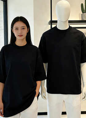 情侣纯色夏季时尚潮牌宽松落肩袖短袖T恤女纯棉休闲黑色圆领套头