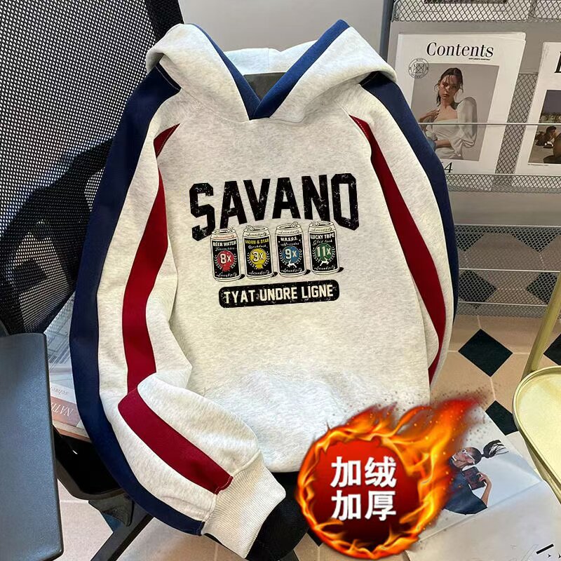 美式复古拼接撞色加厚卫衣男痞帅冬季宽松百搭加绒连帽情侣装上衣