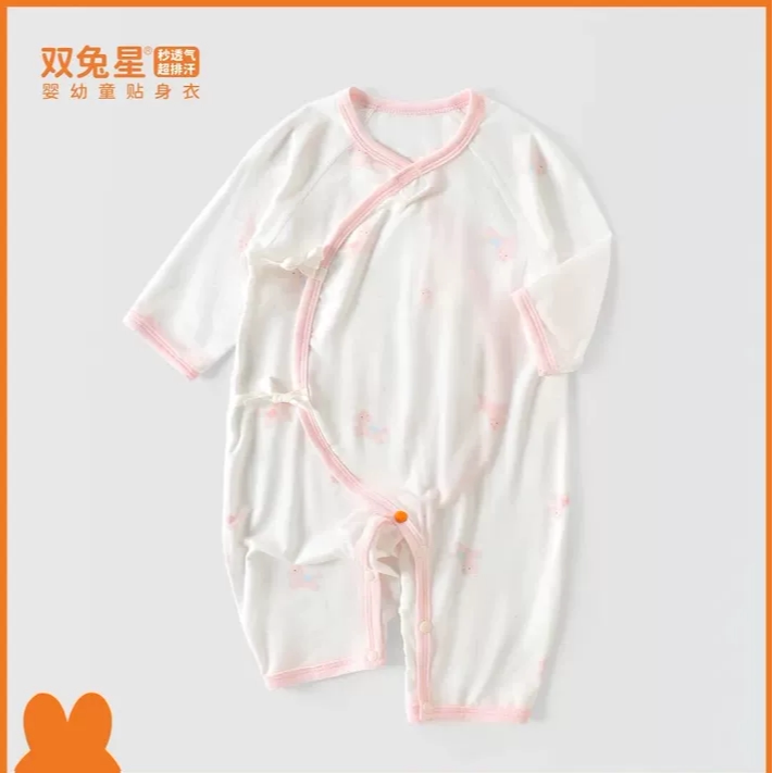 双兔星26夏婴儿偏襟超薄纯棉莫代尔连体衣宝宝新生儿长袖蝴蝶衣