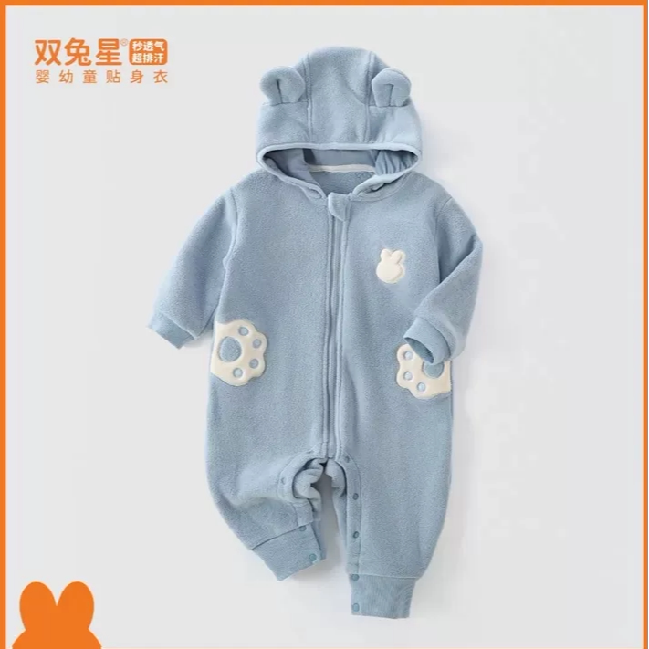 断码处理双兔星秋冬婴儿解压棉连体衣男女宝宝加绒戴帽保暖外出服