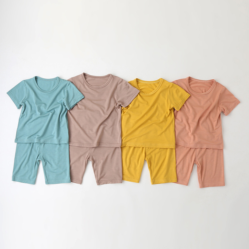 婴儿夏季莫代尔套装男女宝宝薄短袖上衣高腰护肚中裤幼童睡衣两件