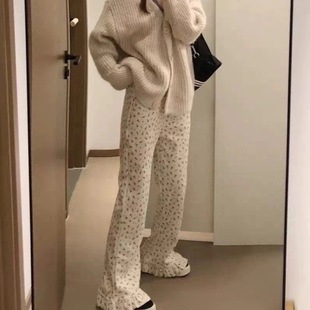 全场第二件半价可爱女生灯芯绒女装 松紧腰学院风 加绒直筒碎花长裤