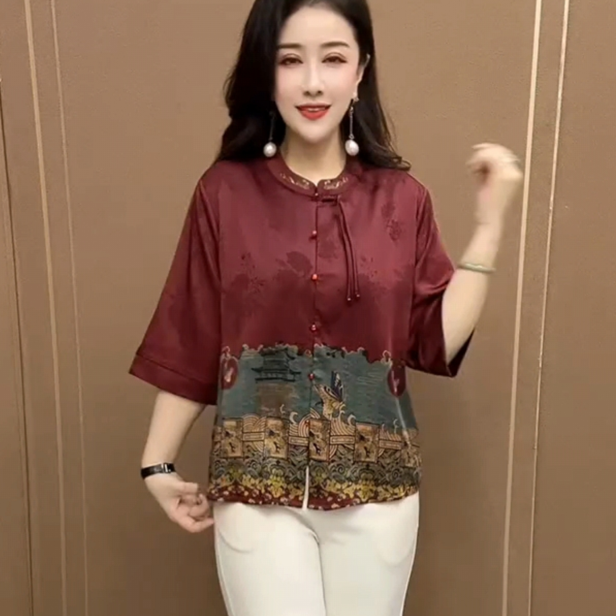 新中式妈妈夏装真丝上衣国风小衫