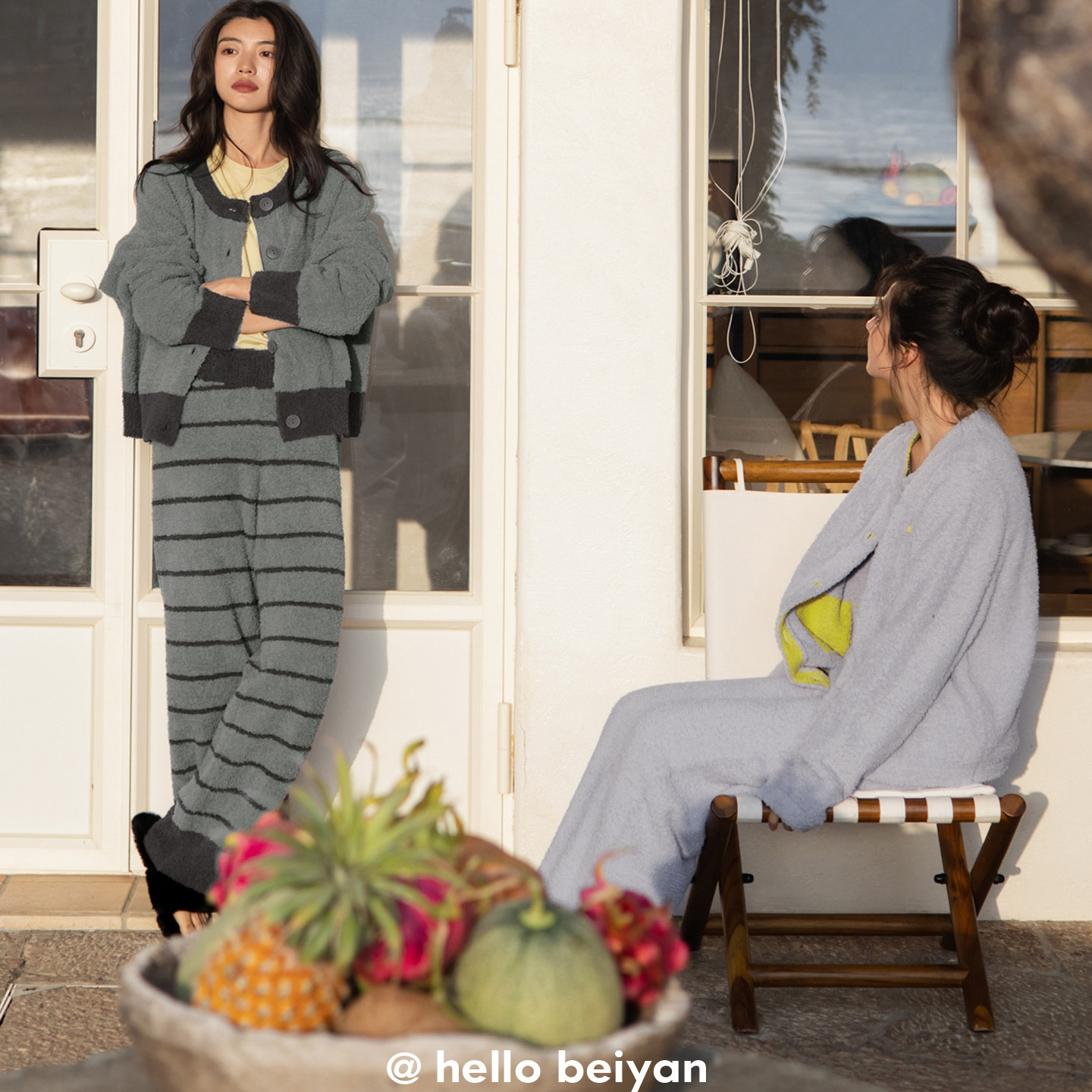 贝妍新款珊瑚绒睡衣女冬季开衫保暖半边绒家居服复古条纹睡裤套装