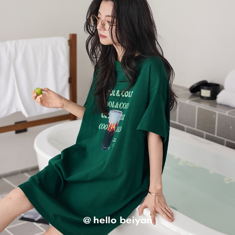 贝妍新款睡衣女夏季薄款纯棉短袖圆领睡裙宽松大码少女凉感连衣裙