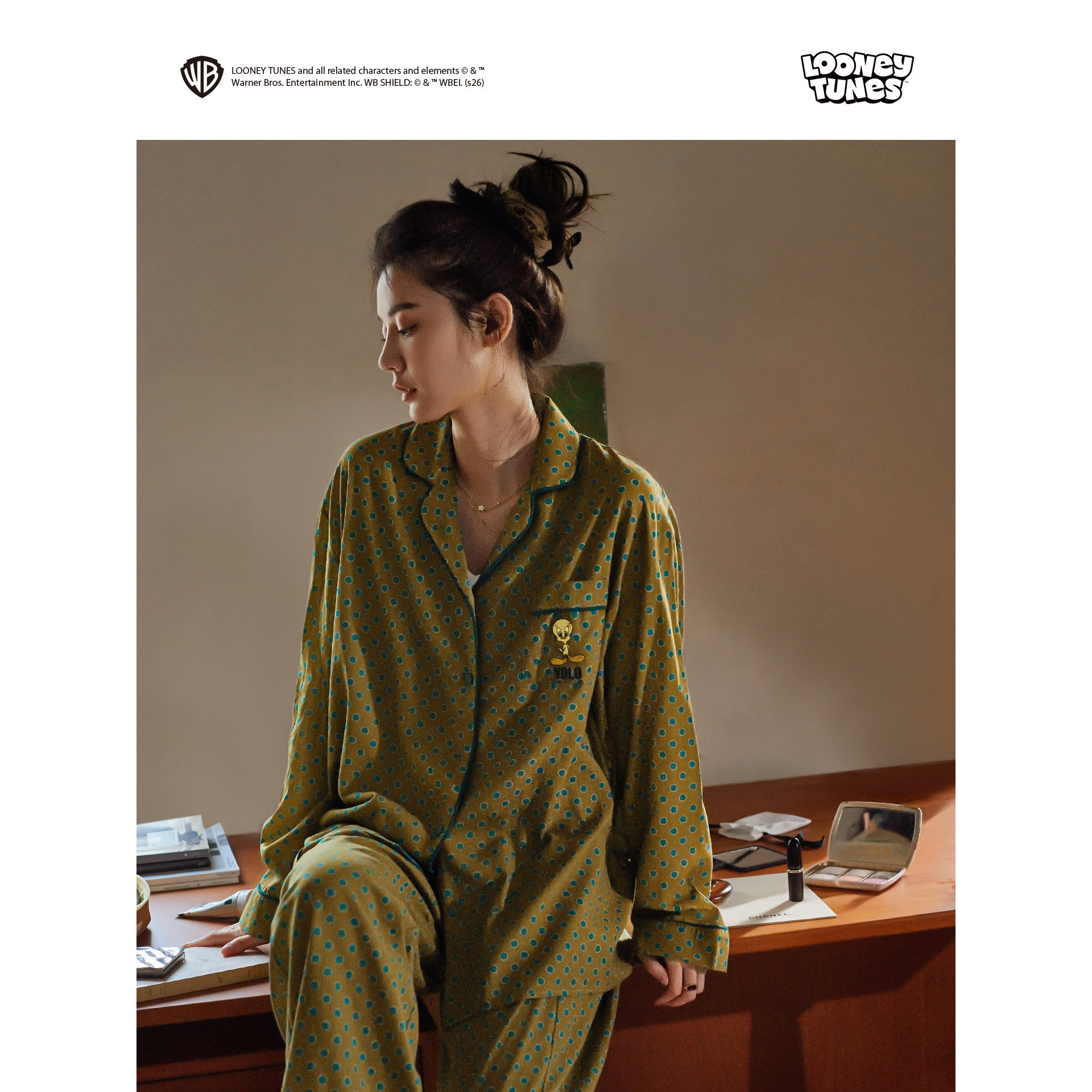 贝妍复古波点睡衣女春秋新款兔八哥柔软棉家居服慵懒气质长袖套装