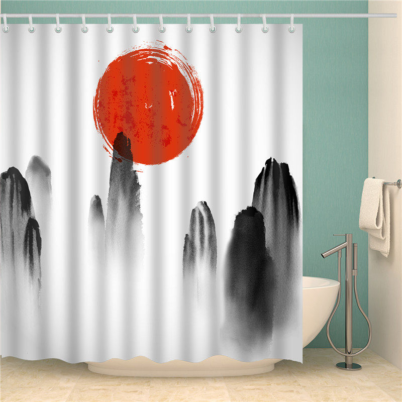 水墨远山风景卫生间涤纶隔断浴间加厚洗澡帘中国风山水画优质浴帘