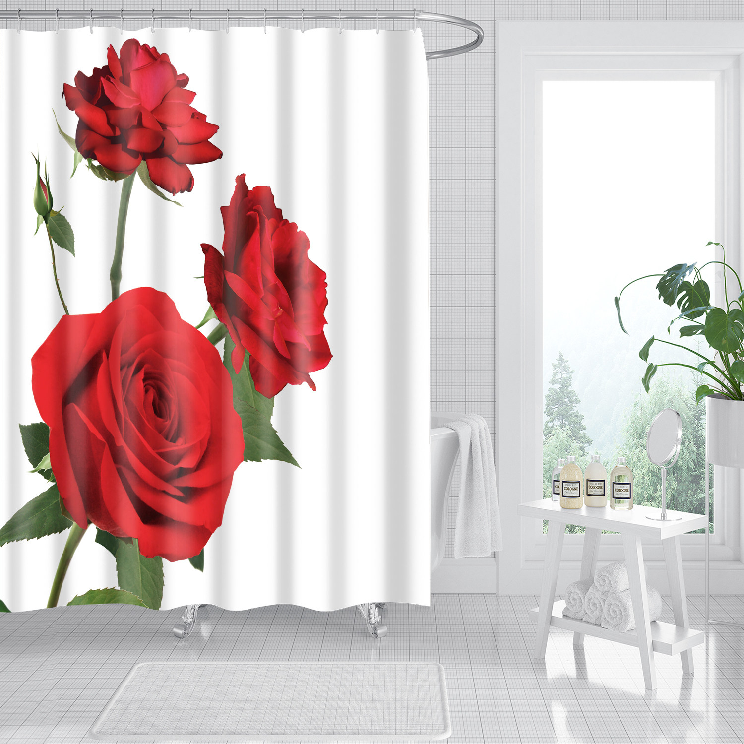 数码印花红色玫瑰花朵涤纶浴帘卫生间洗澡干湿分离隔断帘浴室淋浴