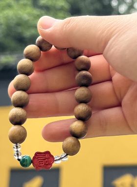 杭州灵隐金丝楠木朱砂福牌手串男女上岸好运水晶珠手链佛珠配饰品