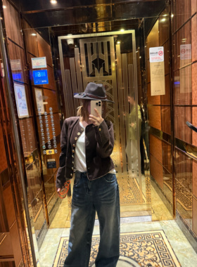 wann现货 重工深褐灯芯绒雪纺印花拱针工艺金色纽扣薄款短外套秋