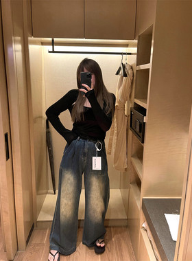 wann稀缺 高腰牛仔裤女春夏2025新款直筒宽松微喇叭做旧阔腿裤子