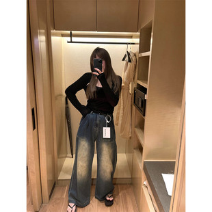 wann稀缺 女春夏2025新款 直筒宽松微喇叭做旧阔腿裤 子 高腰牛仔裤
