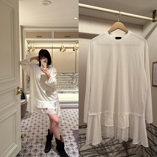 wann现货 白色微透棉质打底t恤裙 下摆不规则蕾丝拼接长袖连衣裙