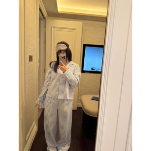 松紧腰宽松长裤 条纹衬衫 小马刺绣学院风睡衣套装 wann现货