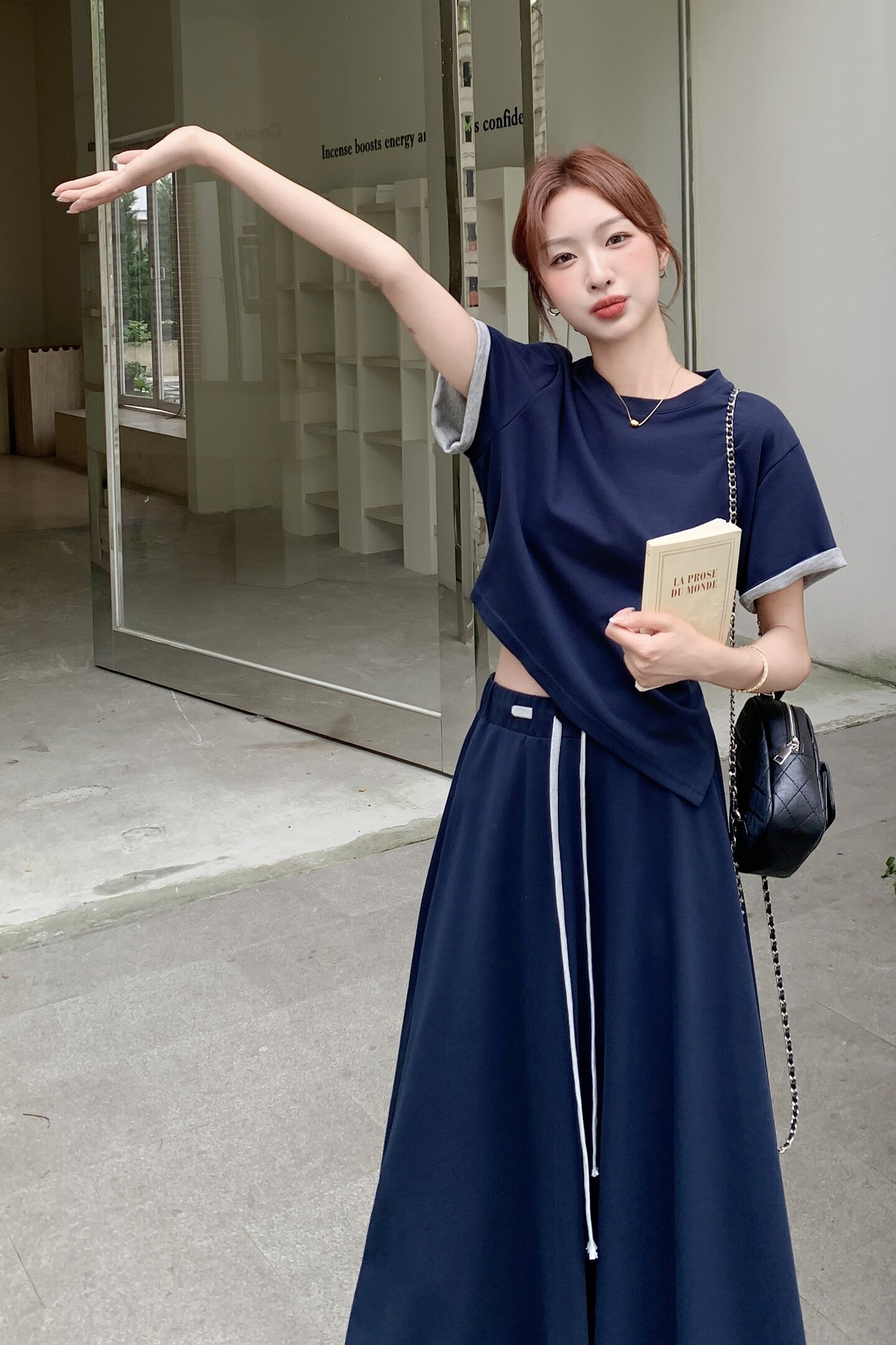 藏青色休闲套装裙女夏季2025新款超火不规则短袖T恤半身裙两件套,女装套装/套裙,浙宝168
