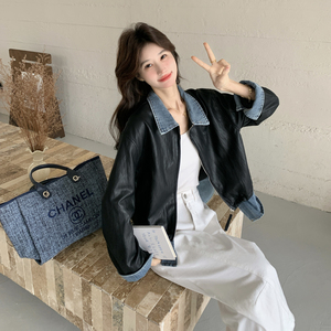 新款现货！ZB168-H617牛仔拼接皮衣外套P155控248，女装皮衣，浙宝168