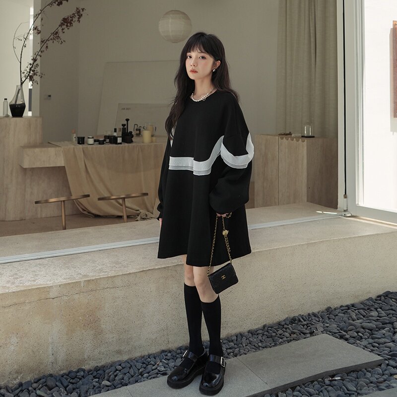 韩系木耳边黑色长袖连衣裙女2025新款春秋小个子宽松设计感卫衣裙,女装连衣裙,浙宝168
