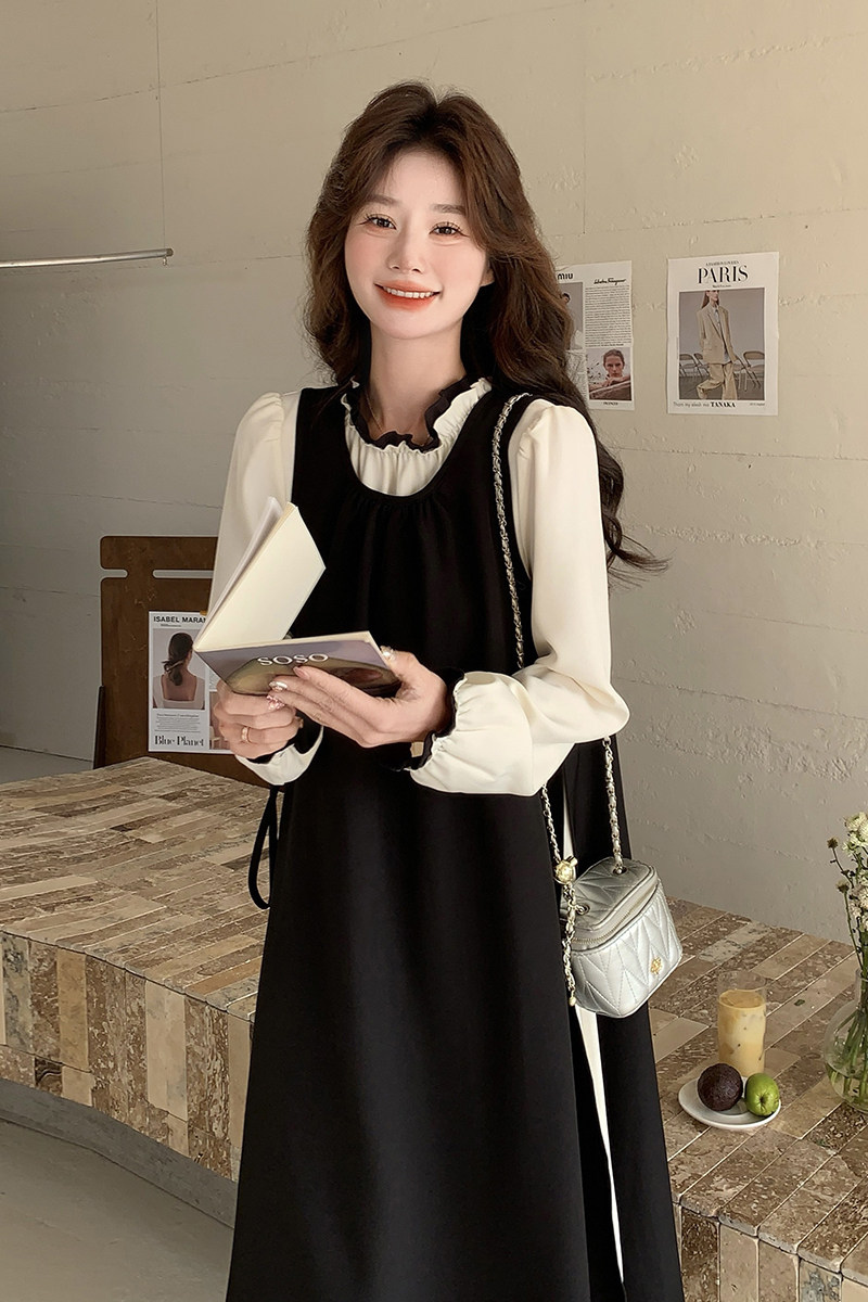 黑色赫本风连衣裙套装女2025秋季新款韩系木耳边长裙高级感两件套,女装连衣裙,浙宝168