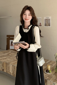 黑色赫本风连衣裙套装女2025秋季新款韩系木耳边长裙高级感两件套图片