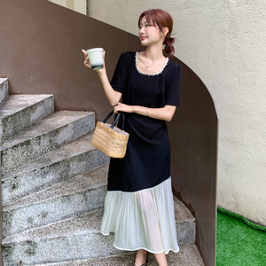 设计感轻熟风网纱拼接宽松t恤长裙女夏季新款休闲显瘦黑色连衣裙图片
