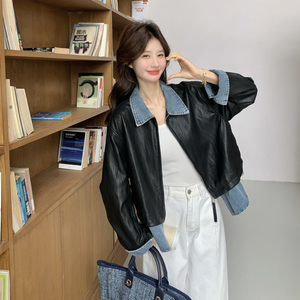 新款现货！ZB168-H617牛仔拼接皮衣外套P155控248图片