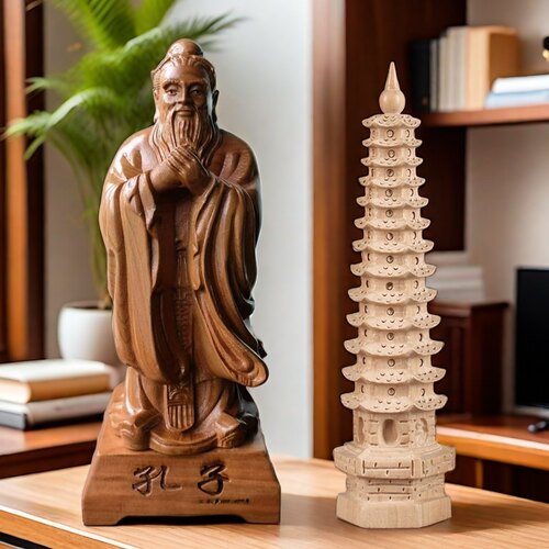 孔子像桃木摆件摆桌面送老师礼品客厅书房老子像木雕送13层文昌塔