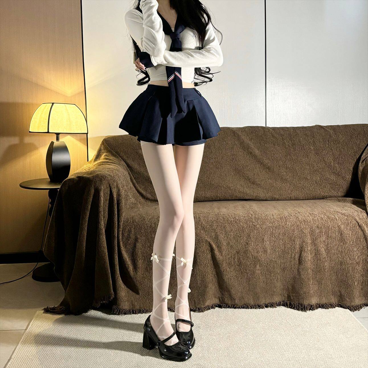 miu带钻蝴蝶结白色丝袜少女芭蕾风防勾丝连袜裤纯欲Lolita打底裤