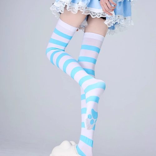 可爱的蓝白条纹过膝袜猫爪丝袜二次元cos长筒袜白丝大腿高筒袜子