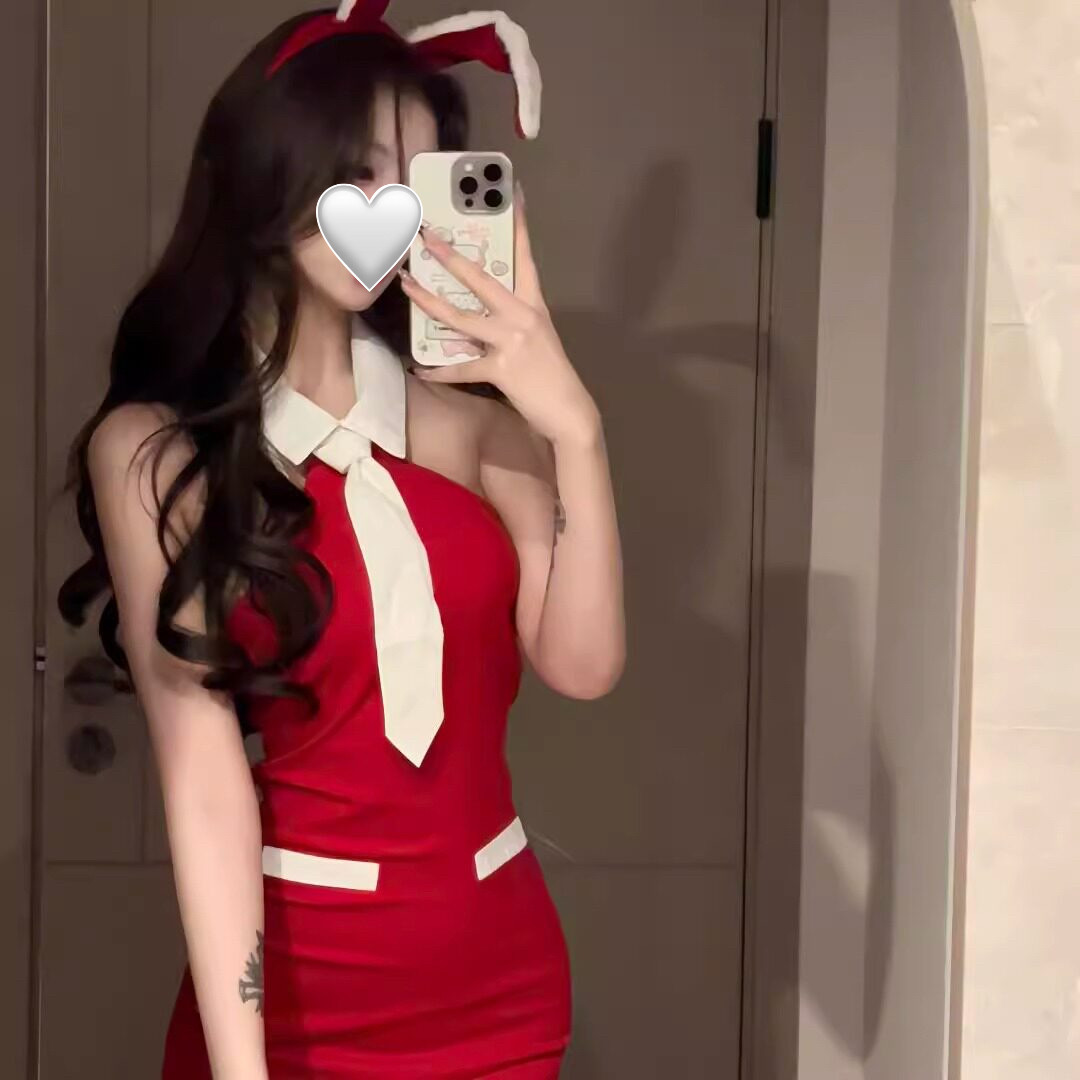可爱cos服圣诞节万圣节穿搭红色挂脖短连衣裙女性感辣妹修身制服