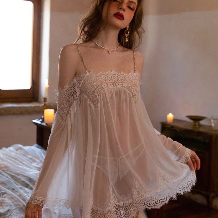 闪亮肩带性感睡衣透视网纱罩衫睡裙后开叉蕾丝纯欲宽松显瘦大码薄,女士内衣/男士内衣/家居服,睡裙,淘宝优惠券,粉丝福利购,淘宝优惠卷