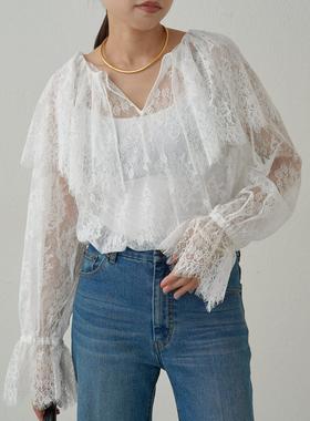 ZOEYJA佐佐家 LD唯美浪漫优雅 重工全蕾丝 大褶边+花瓣袖透肌衬衫