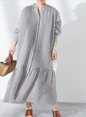 ZOEYJA佐佐家 L@SSAGE畅销款 丝麻触感悬垂挺廓A摆质感条纹连衣裙