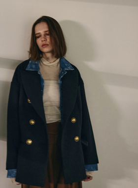 ZOEYJA佐佐家 ICO限定 复古牛仔巧妙一体式叠层双排扣 厚羊毛大衣