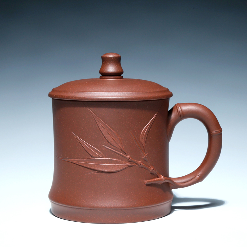 宜兴紫砂杯盖杯子正品纯全手工水杯办公茶杯400CC老紫泥节节高升