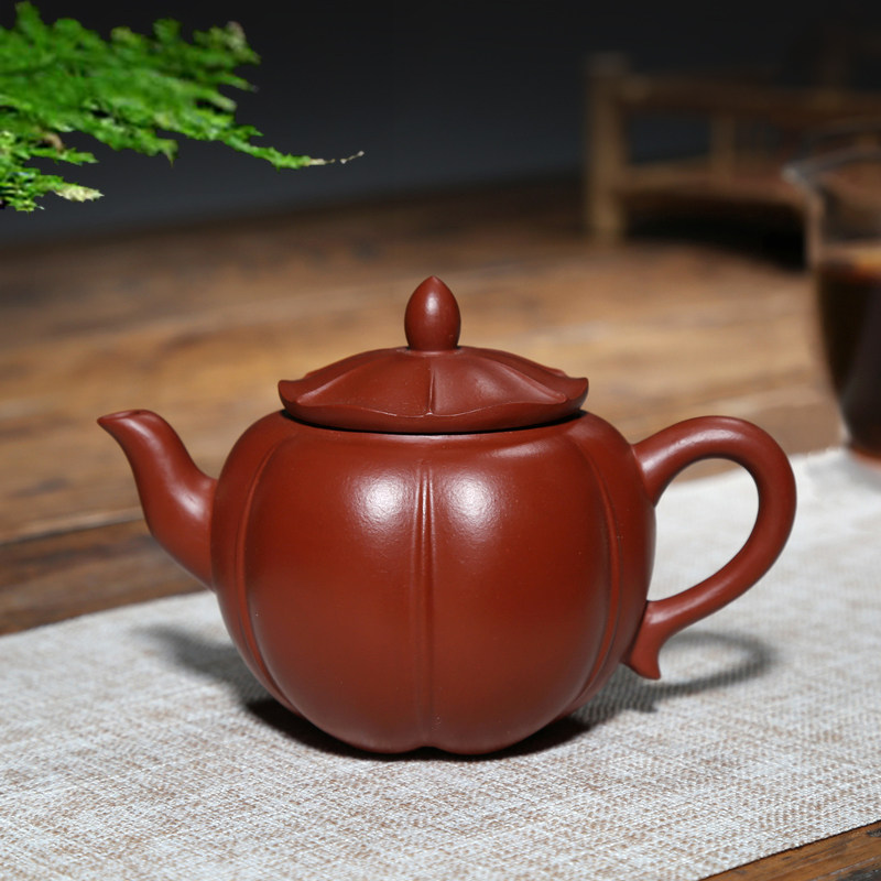 宜兴紫砂壶筋纹器原矿大红袍老朱泥吴娟华筋囊泡茶壶230CC荷美壶