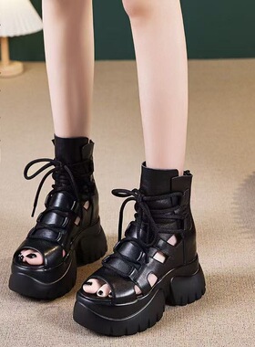 9CM内增高厚底真皮罗马凉鞋女2026夏季新款头层牛皮黑色时尚百搭